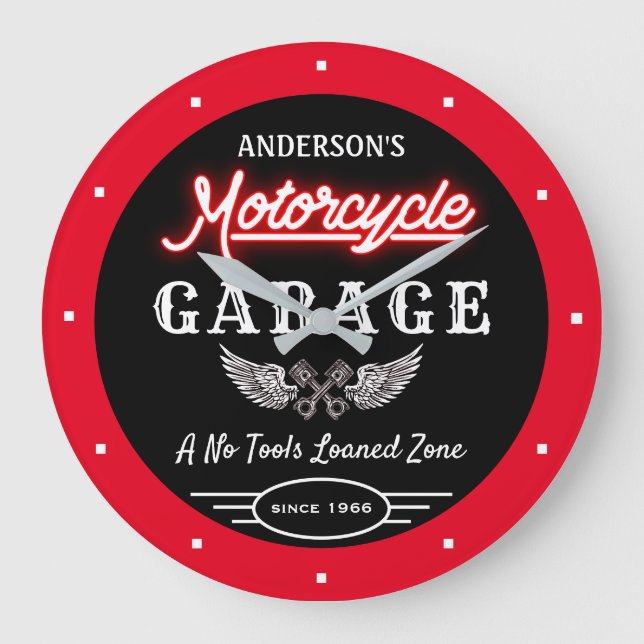 Any Name Faux Neon Garage Since Date Red Black  Large Clock (Front)