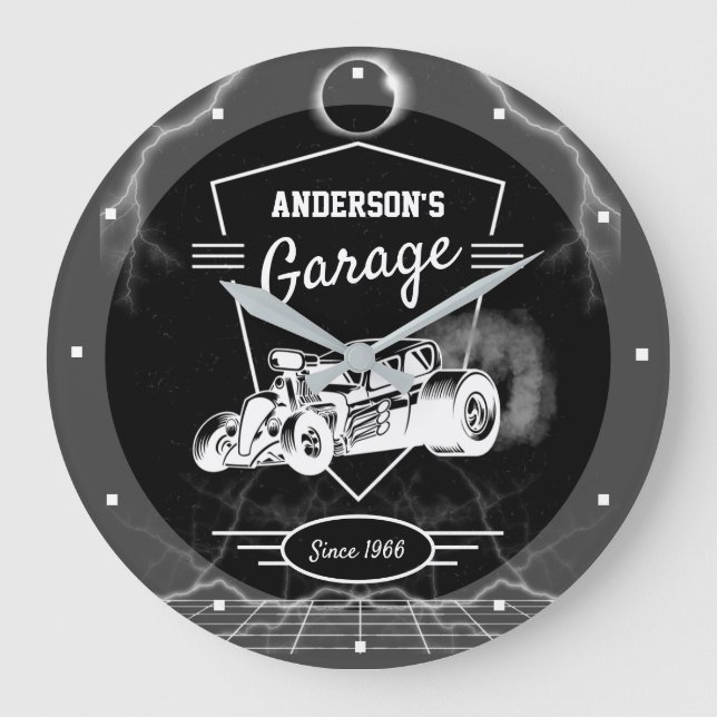 Any Name Garage Crest Vintage Hotrod Black White Large Clock (Front)