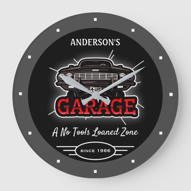 Any Name Garage Retro Car Since Date Grey Black Large Clock (Front)