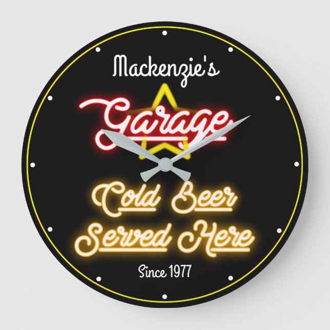 Any Name Garage Retro Faux Red Yellow Neon Black Large Clock (Front)
