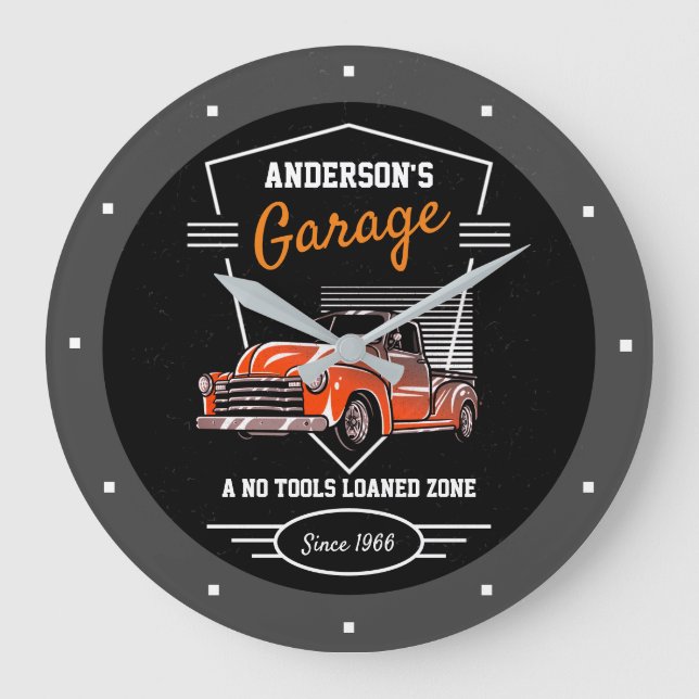 Any Name Garage Slogan Crest Vintage Chevy Pickup  Large Clock (Front)