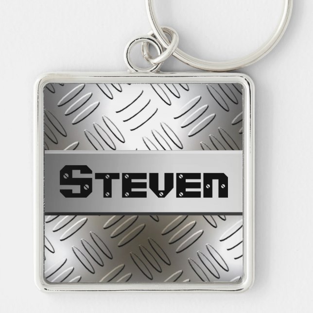 Any Name On Metal Diamond Plate Keychain (Front)