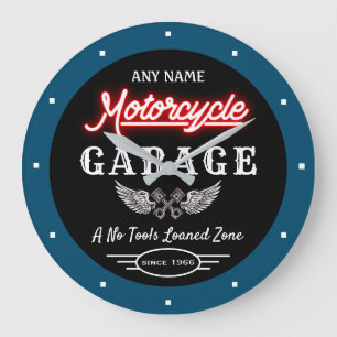 Any Name Red Faux Neon Garage Date Blue Black Large Clock