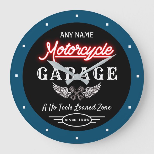 Any Name Red Faux Neon Garage Date Blue Black  Large Clock (Front)