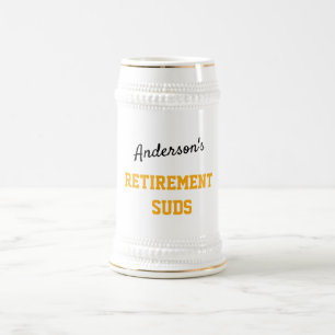 Any Name Retirement Suds Gold Text Black Script Beer Stein