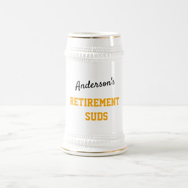 Any Name Retirement Suds Gold Text Black Script Beer Stein (Center)