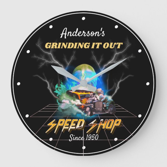 Any Name Speed Shop Slogan Hotrod Burnout Black Large Clock (Front)