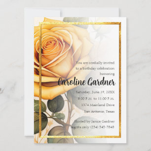 Any Number Birthday Invitation Yellow Roses Gold