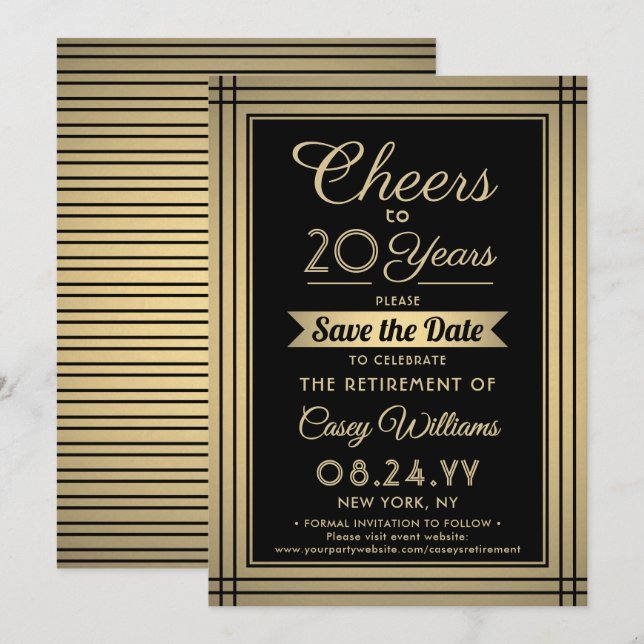 ANY Number Retirement Party Cheers Black and Gold Save The Date (Front/Back)