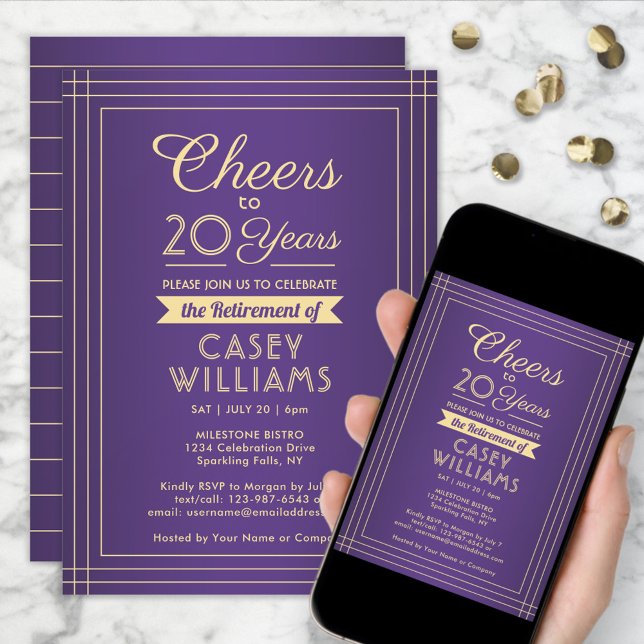ANY Number Retirement Party Cheers Purple and Gold Invitation (Creator Uploaded)