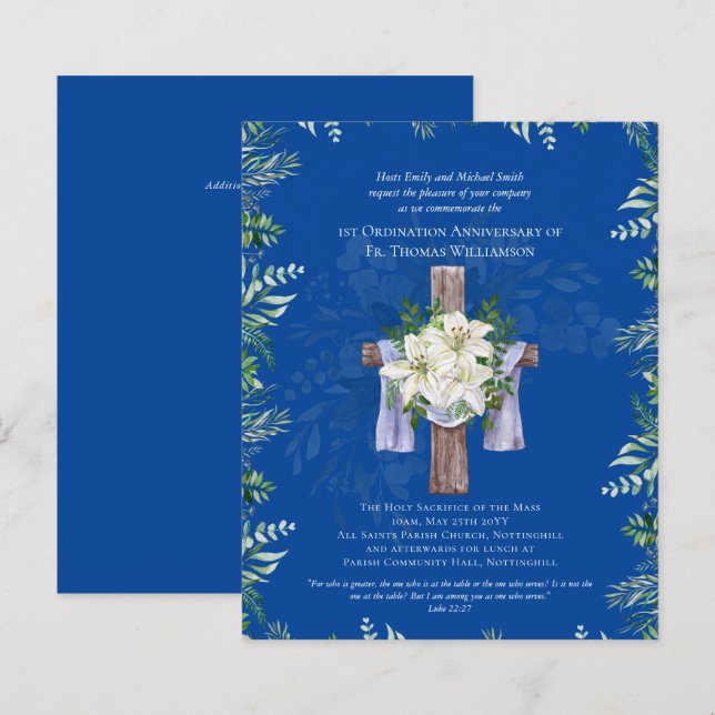 ANY Ordination Anniversary Invitation Lilys Blue (Front/Back)