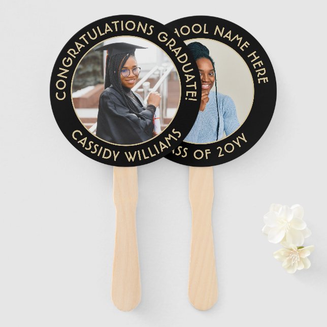 Any Quote 2 Photo Black and Gold Modern Graduation Hand Fan (Front and Back)