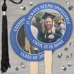 Any Quote 2 Photo Brushed Blue & White Graduation Hand Fan