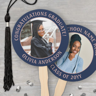 Any Quote 2 Photo Navy Blue Pink Modern Graduation Hand Fan