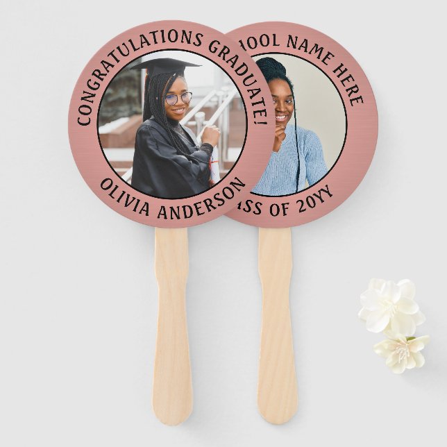 Any Quote 2 Photo Pink and Black Modern Graduation Hand Fan (Front and Back)