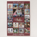 Any Quote Family Photo Collage Burgundy Monogram Jigsaw Puzzle<br><div class="desc">Celebrate the simple joys of family with a unique and fun photo collage puzzle. If you prefer a background or text in colours other than burgundy, gold, and white, see instructions below. (IMAGE PLACEMENT TIP: An easy way to centre a photo exactly how you want is to crop it before...</div>