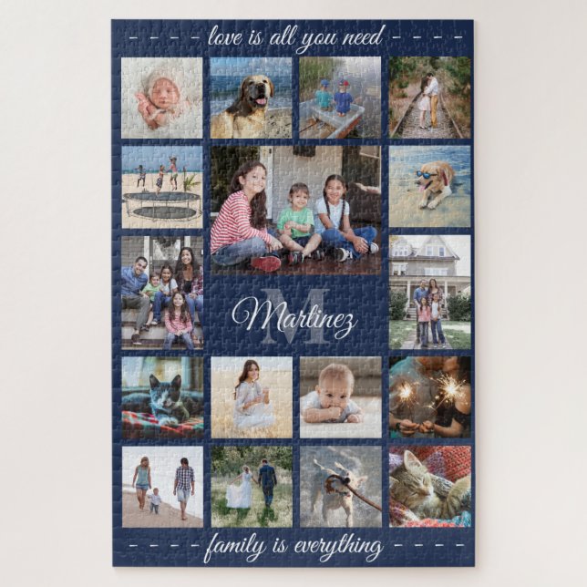 Any Quote Family Photo Collage Navy Blue Monogram Jigsaw Puzzle (Vertical)