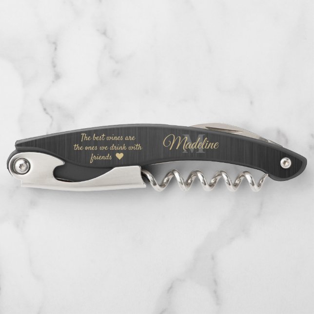 Any Quote Script Monogram Brushed Black Gold Grey Corkscrew (Front)