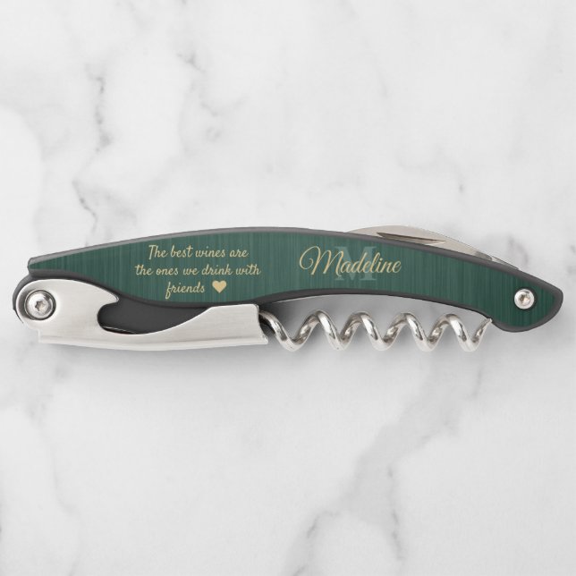 Any Quote Script Monogram Brushed Green and Gold Corkscrew (Front)