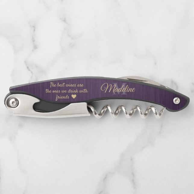 Any Quote Script Monogram Brushed Purple and Gold Corkscrew (Front)
