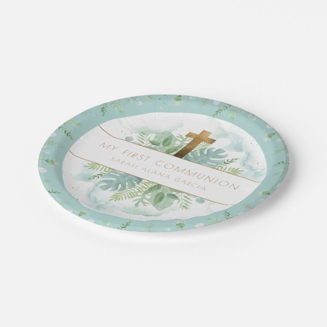 Any Religious Event, Elegant Blue, Green Greenery Paper Plate (Angled)
