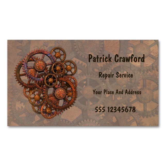 Any Repair Or Engineering Service Steampunk Gears Magnetic Business Card (Front)
