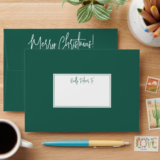 Any Script Chic Return Address Green Christmas Envelope (Desk)