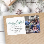 Any Script Christmas Photo Green Return Address Label<br><div class="desc">Add a stylish finishing touch to holiday card envelopes with modern custom photo return address labels. The picture and all text on this template are simple to personalize with any wording, such as Merry Christmas, Happy Holidays, Seasons Greetings, or Happy New Year. As an option, change script the typography to...</div>