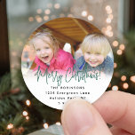 Any Script Round Photo Green Return Address Labels<br><div class="desc">Add a stylish finishing touch to holiday card envelopes with modern custom photo round return address labels. The picture and all text on this template are simple to personalize with any wording, such as Merry Christmas, Happy Holidays, Seasons Greetings, or Happy New Year. As an option, change script typography to...</div>