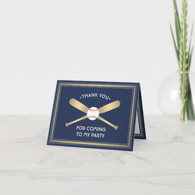 Any Text 1 Photo Baseball Theme Party Navy & Gold Thank You Card (Front)