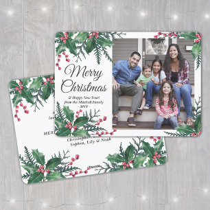 Any Text 1 Photo Christmas Holly & Berries Foliage Holiday Card