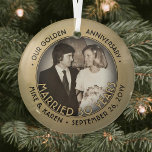 Any Text 1 Photo Golden 50th Wedding Anniversary Glass Ornament<br><div class="desc">Celebrate a joyful golden 50th wedding anniversary with a custom photo "Married 50 Years" black and gold round glass Christmas ornament. Picture and all text on this template are simple to personalize. (IMAGE & TEXT DESIGN TIPS: 1) To adjust position of wording, add spaces at beginning or end. 2) To...</div>