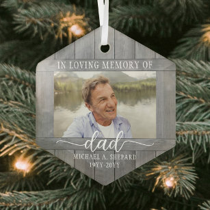 Any Text 1 Photo Memorial Gray Faux Wood Hexagon Glass Ornament