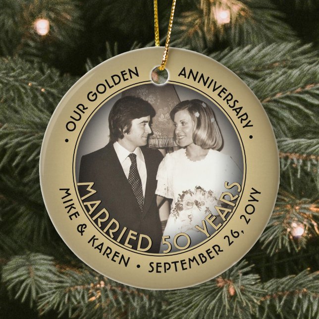 Any Text 2 Photo Golden 50th Wedding Anniversary Ceramic Ornament (Creator Uploaded)