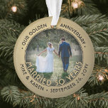 Any Text 2 Photo Golden 50th Wedding Anniversary Ornament<br><div class="desc">Celebrate a joyful golden 50th wedding anniversary with a custom 2 photo "Married 50 Years" black and gold round acrylic Christmas ornament. All text and images on this template are simple to personalize and can be different or the same on front and back. (IMAGE & TEXT DESIGN TIPS: 1) To...</div>