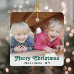 Any Text 2 Photo Green Retro Typography Simple Ceramic Ornament<br><div class="desc">Celebrate the simple joys of the holidays with a custom 2 photo retro typography square ceramic ornament. The pictures and all wording on this template are simple to personalize and can be different or the same on front and back. The colours and font styles are also easy to customize with...</div>