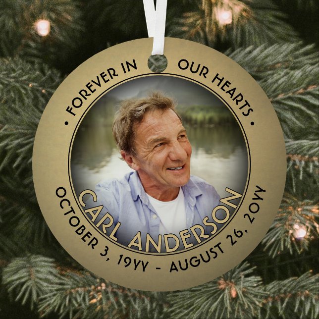 Any Text 2 Photo Memorial Black and Gold Faux Foil Metal Ornament (Creator Uploaded)