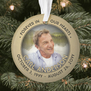 Any Text 2 Photo Memorial Black and Gold Faux Foil Ornament