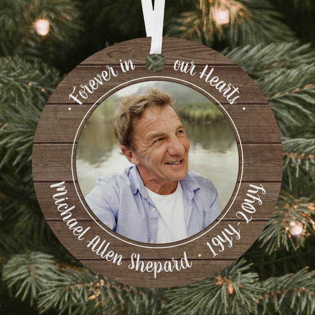 Any Text 2 Photo Memorial Elegant Rustic Faux Wood Metal Ornament (Creator Uploaded)