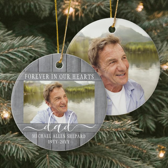 Any Text 2 Photo Memorial Simple Grey Faux Wood Ceramic Ornament (Creator Uploaded)