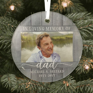 Any Text 2 Photo Memorial Simple Grey Faux Wood Glass Ornament