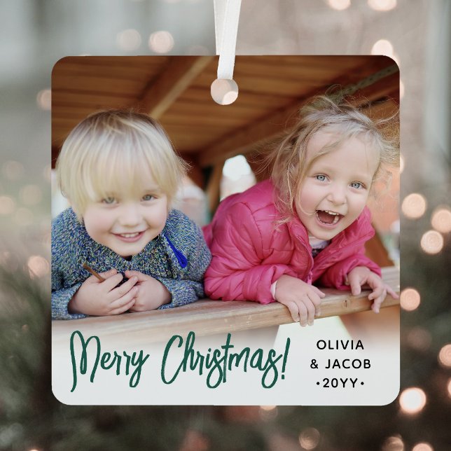 Any Text 2 Photo Modern Brushed Green Script Metal Ornament (Creator Uploaded)