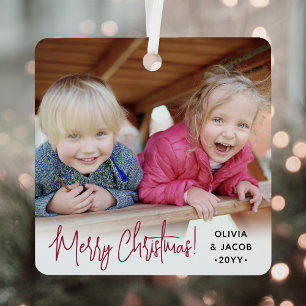 Any Text 2 Photo Modern Simple Script Festive Red Metal Ornament