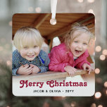 Any Text 2 Photo Red Retro Typography Simple Metal Ornament<br><div class="desc">Celebrate the simple joys of the holidays with a custom 2 photo retro typography square metal ornament. Pictures and all text on this template are easy to customize and can be different or the same on front and back. It can include any wording, such as Merry Christmas, Happy Holidays, Best...</div>