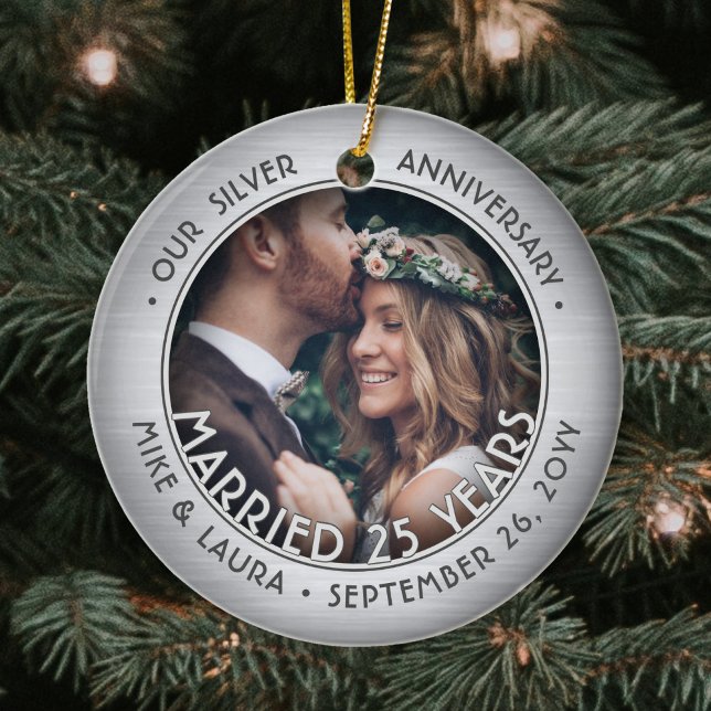 Any Text 2 Photo Silver 25th Wedding Anniversary Ceramic Ornament (Creator Uploaded)