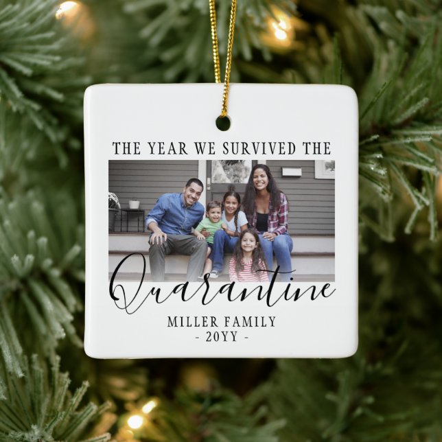 Any Text 2 Photo We Survived Quarantine White Ceramic Ornament (Tree)