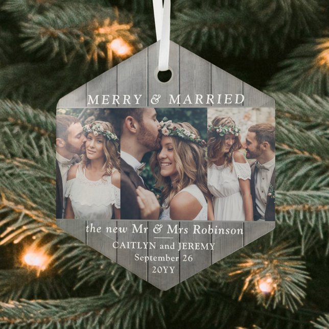 Any Text 3 Photo Merry & Married Grey Faux Wood Glass Ornament (Creator Uploaded)