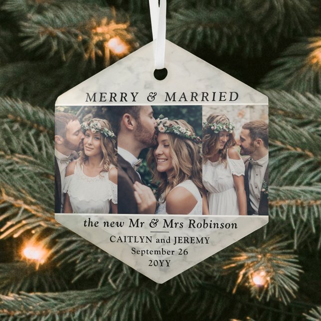 Any Text 3 Photo Newlyweds Merry & Married Marbled Glass Ornament (Creator Uploaded)
