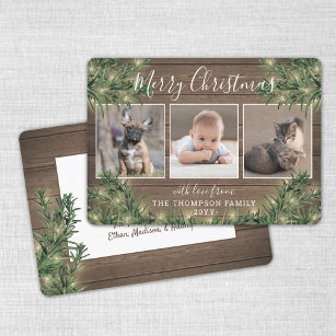 Any Text 3 Photo Rustic Wood Pine & String Lights Holiday Card