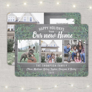 Any Text 4 Photo New Home Farmhouse Greenery Wood Holiday Card